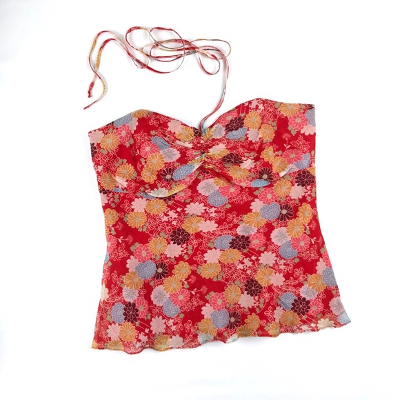 {Shoshanna} Floral Print Halter Strapless Silk Top - Picture 5 of 8